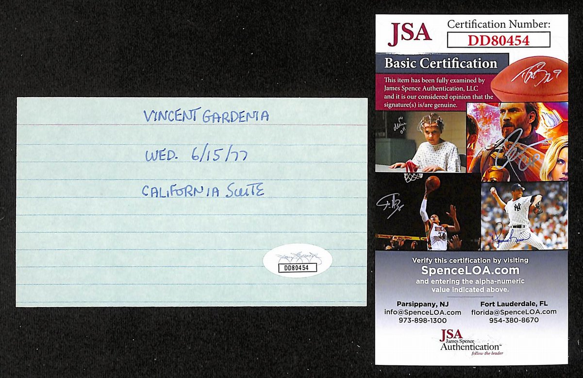 Vincent Gardenia Signed/Inscribed 3x5 Index Card Actor JSA 201743