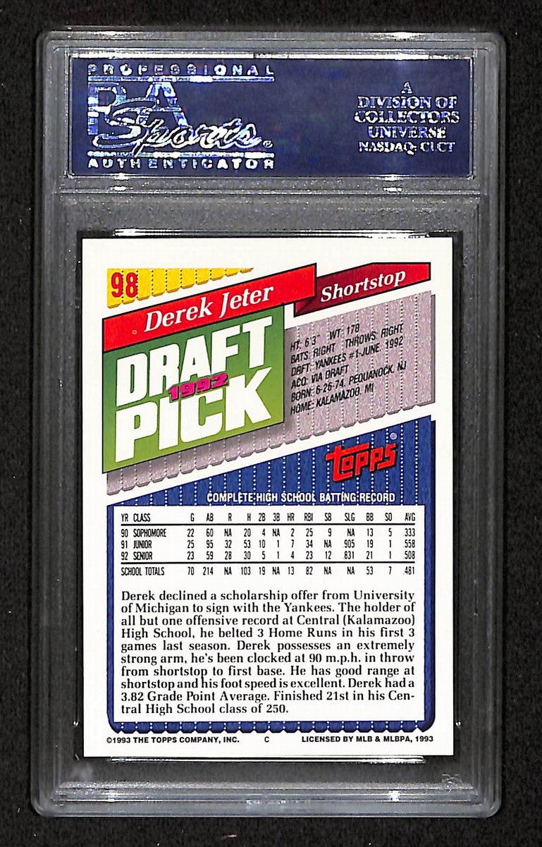 1993 Topps Yankees Derek Jeter RC #98 PSA 9 BA201760