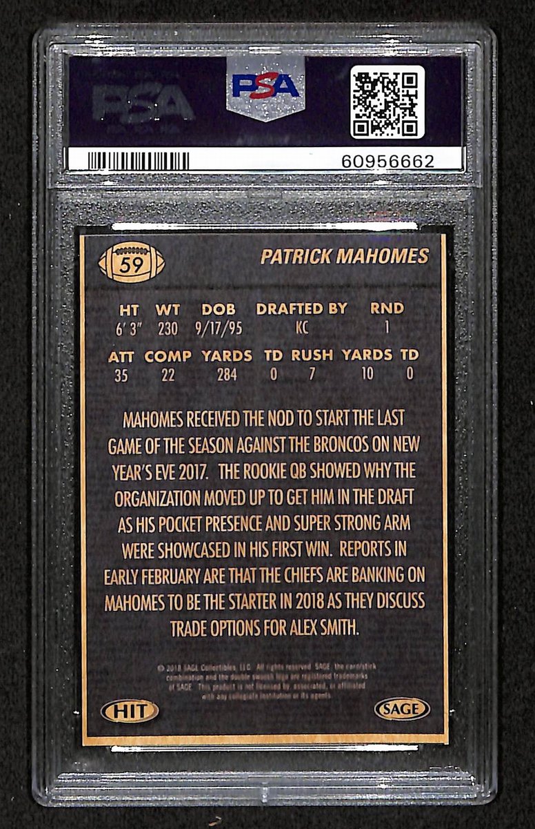 2018 SA-GE Hit Chiefs Patrick Mahomes RC #59 PSA 8 BA201777