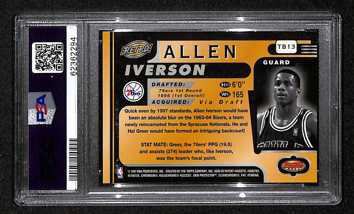 1996 Bowman's Best Retro Sixers Allen Iverson RC #TB13 PSA 8 BA201785