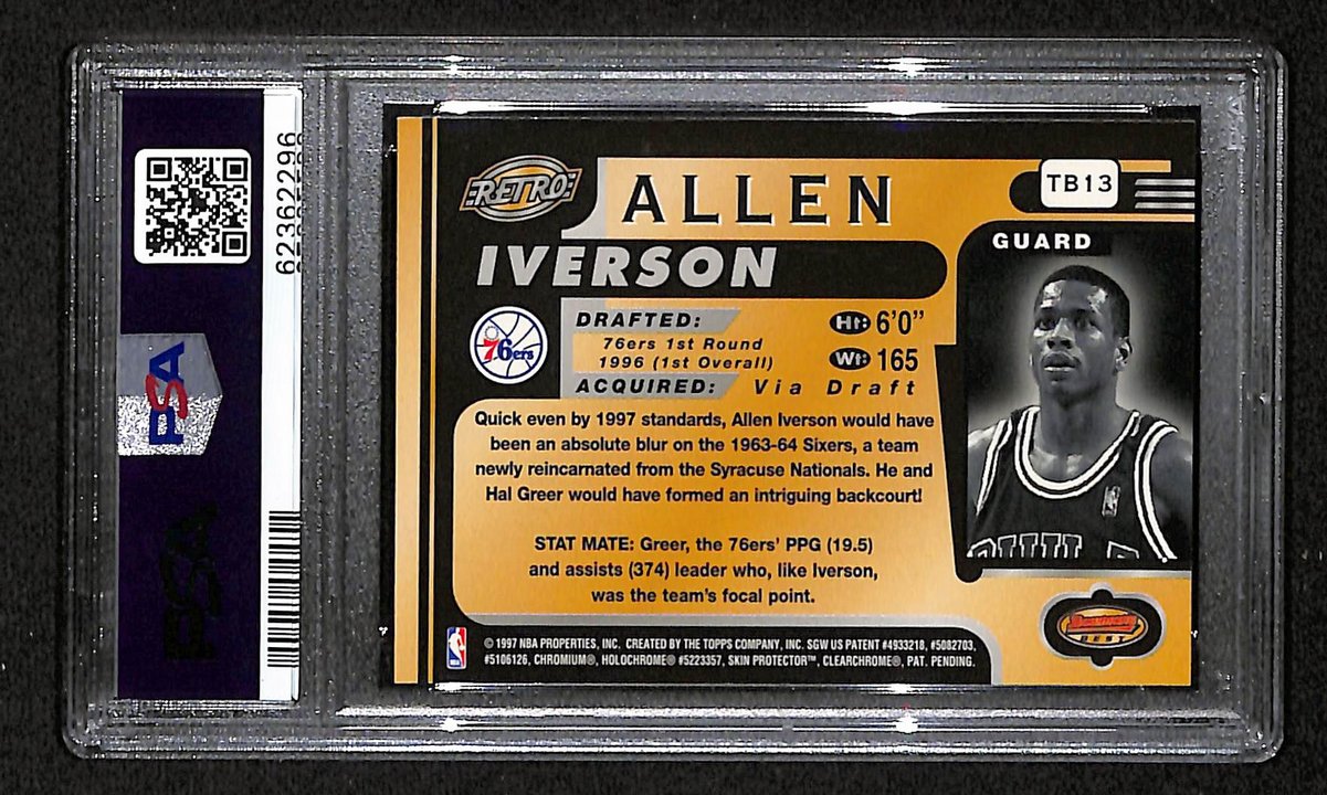 1996 Bowman's Best Retro Sixers Allen Iverson RC #TB13 PSA 9 BA201802