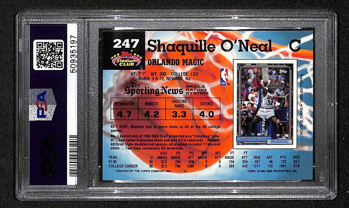 1992 Stadium Club Orlando Magic Shaquille O'Neal RC #247 PSA 9 BA203289