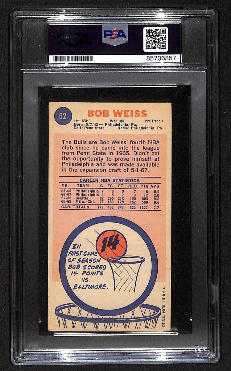 1969 Topps Bob Weiss Chicago Bulls PSA/DNA Signed/Auto Card BA204123