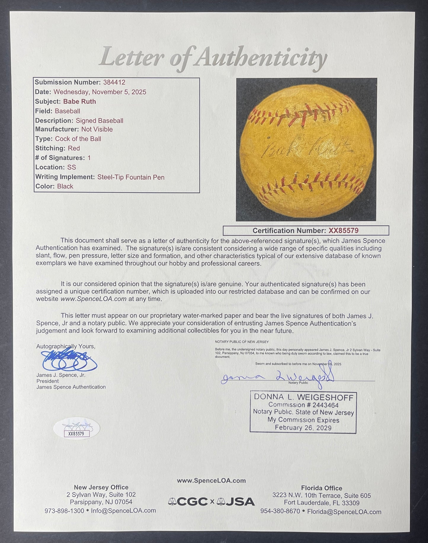 Babe Ruth HOF Single Signed/Autographed 1920's Baseball NY Yankees JSA LOA 03362