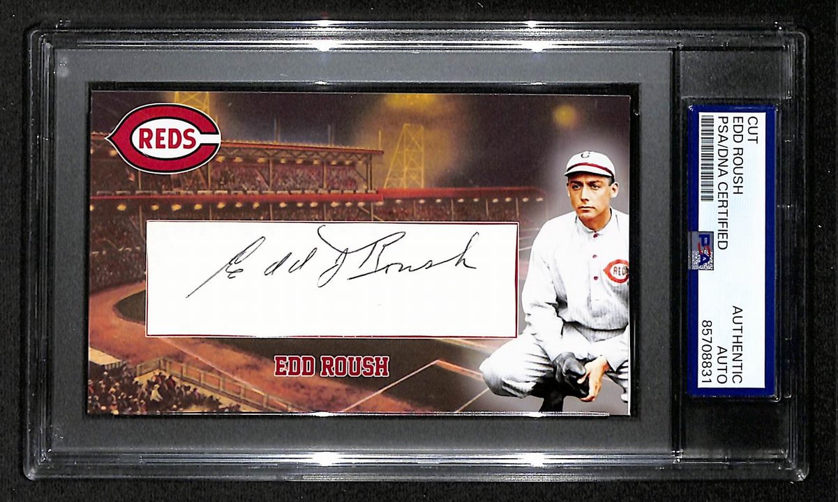 Edd Roush HOF Autographed/Signed Cut 3x5 Custom Card PSA/DNA Reds BA203735