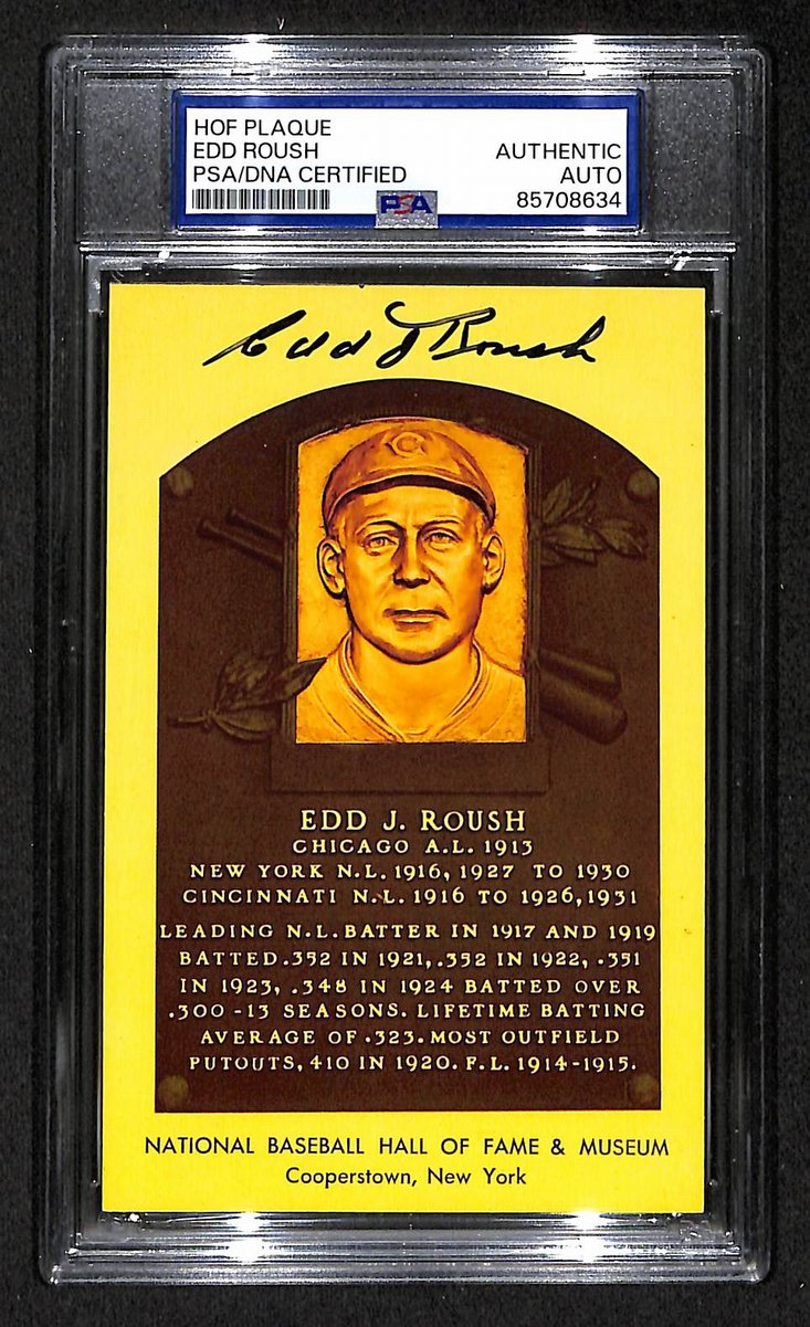 Edd Roush Signed/Auto Gold HOF Plaque Postcard Reds PSA/DNA BA203855