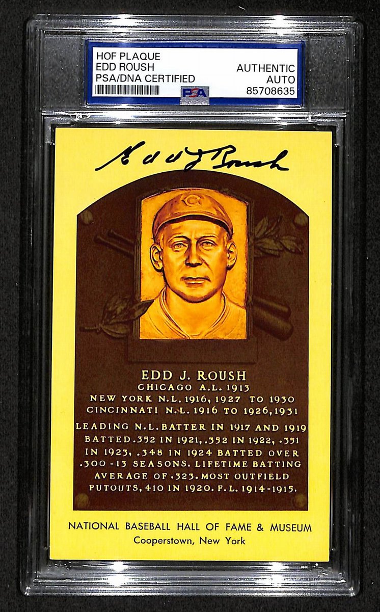 Edd Roush Signed/Auto Gold HOF Plaque Postcard Reds PSA/DNA BA203856