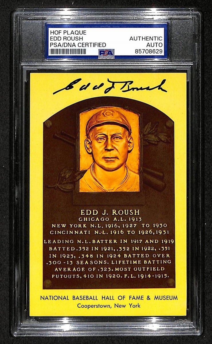 Edd Roush Signed/Auto Gold HOF Plaque Postcard Reds PSA/DNA BA203858