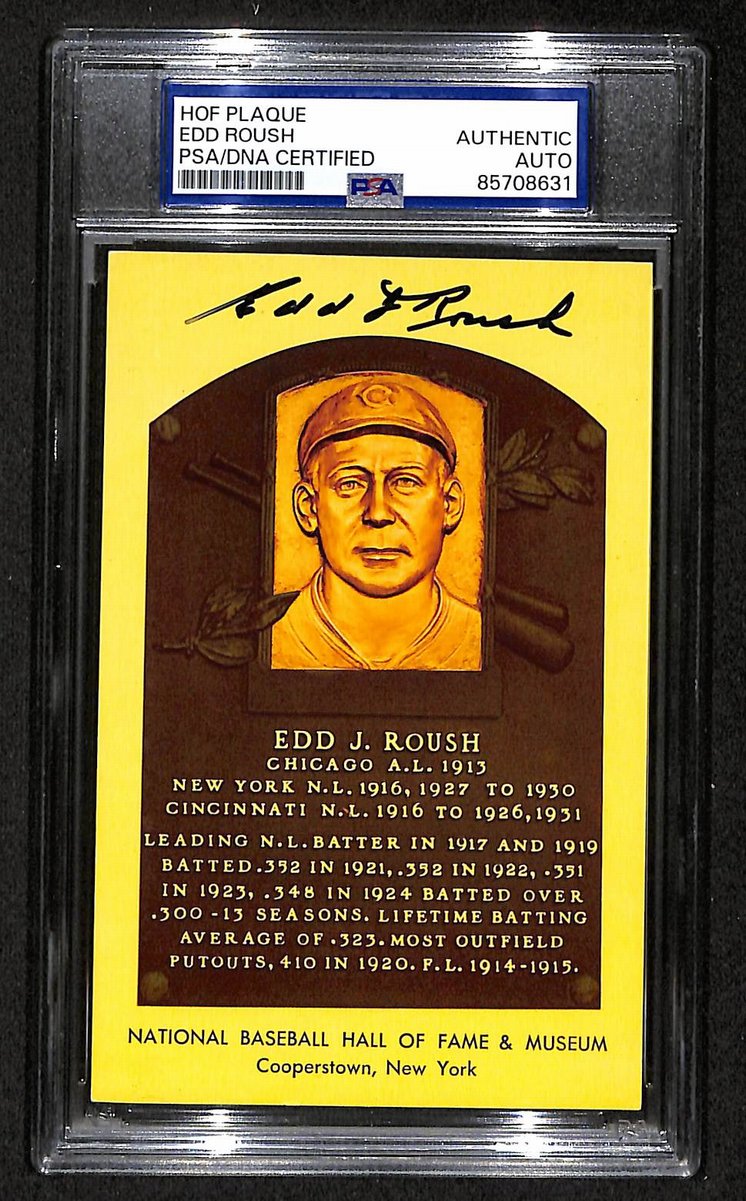Edd Roush Signed/Auto Gold HOF Plaque Postcard Reds PSA/DNA BA203860