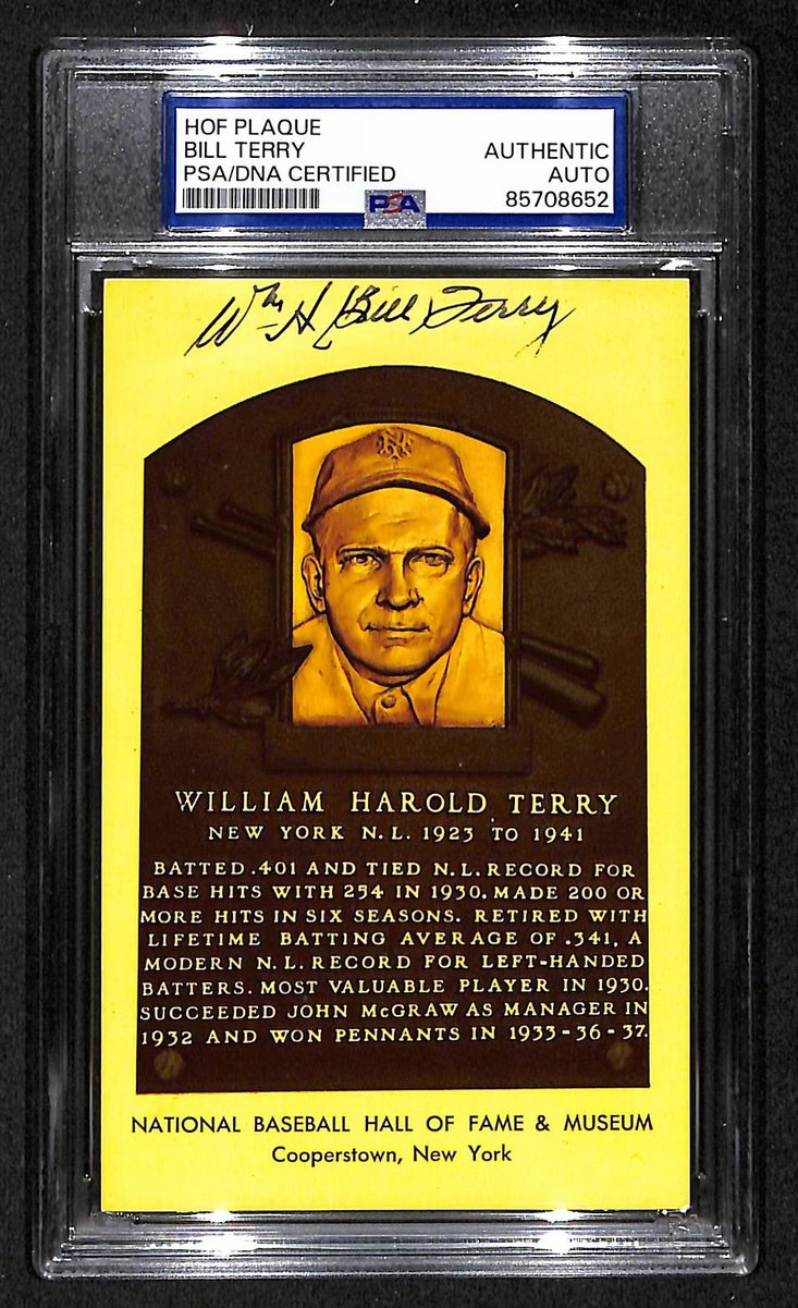 Bill Terry Signed/Auto Gold HOF Plaque Postcard Giants PSA/DNA BA203864