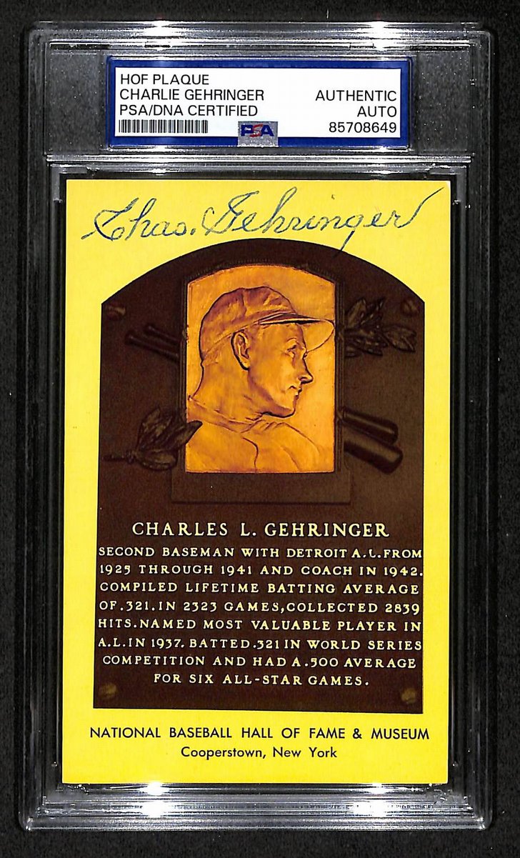 Charlie Gehringer Signed/Auto Gold HOF Plaque Postcard Tigers PSA/DNA BA203866