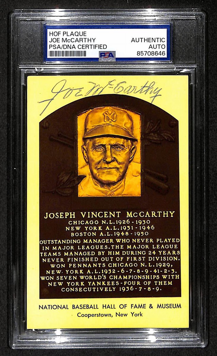 Joe McCarthy Signed/Auto Gold HOF Plaque Postcard Yankees PSA/DNA BA203873