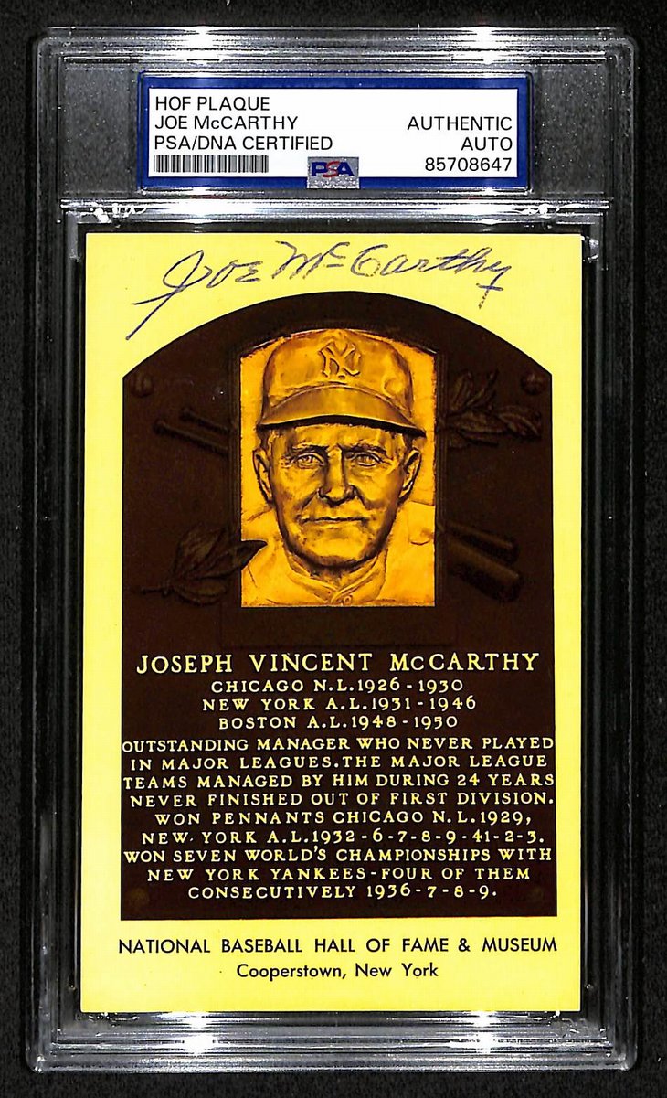 Joe McCarthy Signed/Auto Gold HOF Plaque Postcard Yankees PSA/DNA BA203874