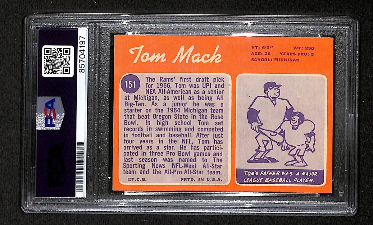 1970 TOPPS RC Tom Mack HOF Signed/Inscribed Card #151 Rams PSA/DNA 203882
