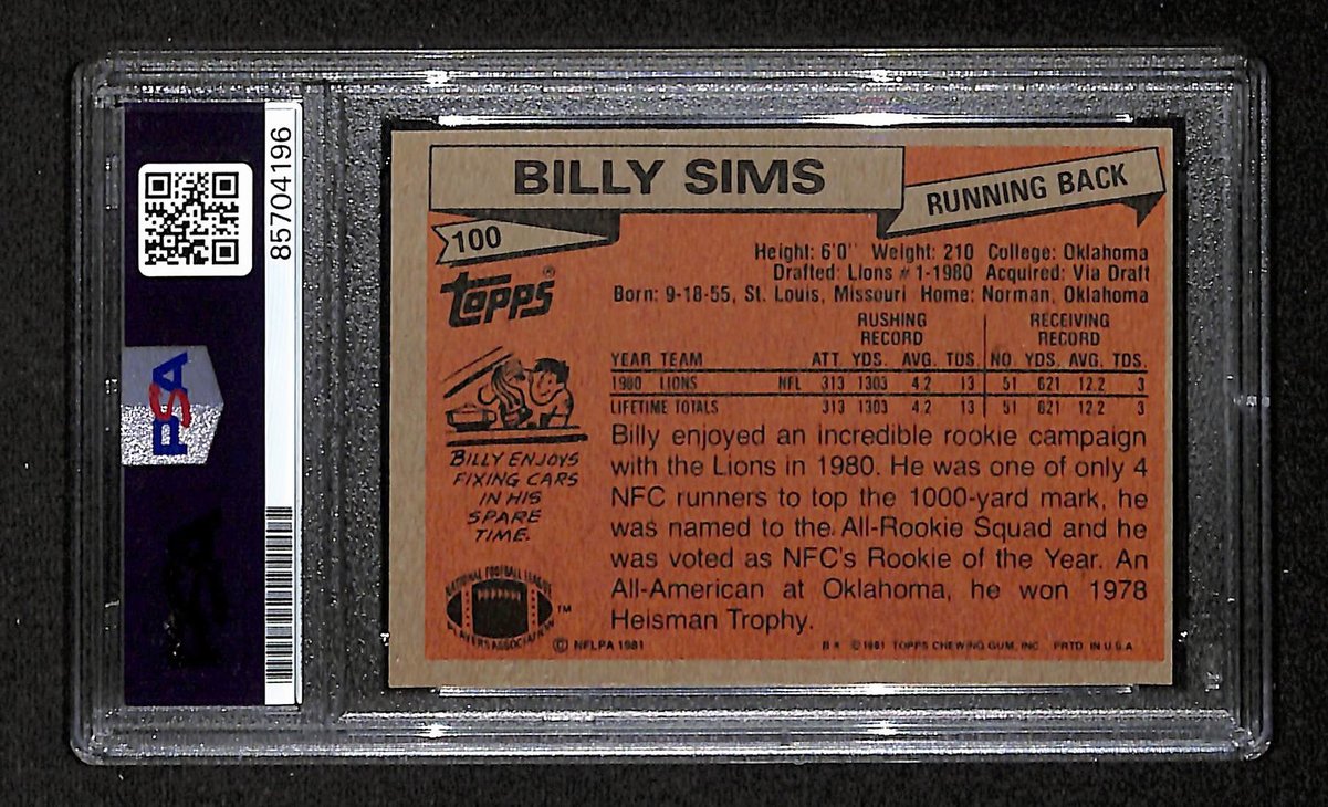1981 TOPPS RC Billy Sims Signed/Inscribed Card #100 Lions PSA/DNA 203886