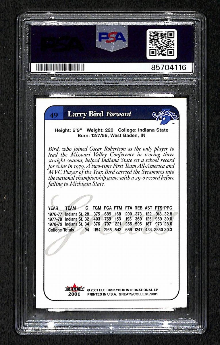 2001 FLEER Larry Bird HOF Signed/Auto Card #49 Indiana State PSA/DNA 203934