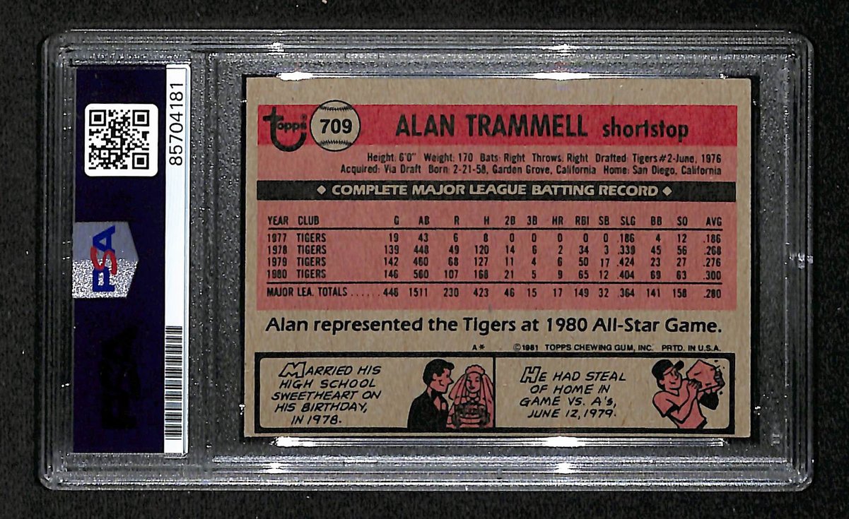 1981 TOPPS Alan Trammell HOF Signed/Auto Card #709 Tigers PSA/DNA 203959