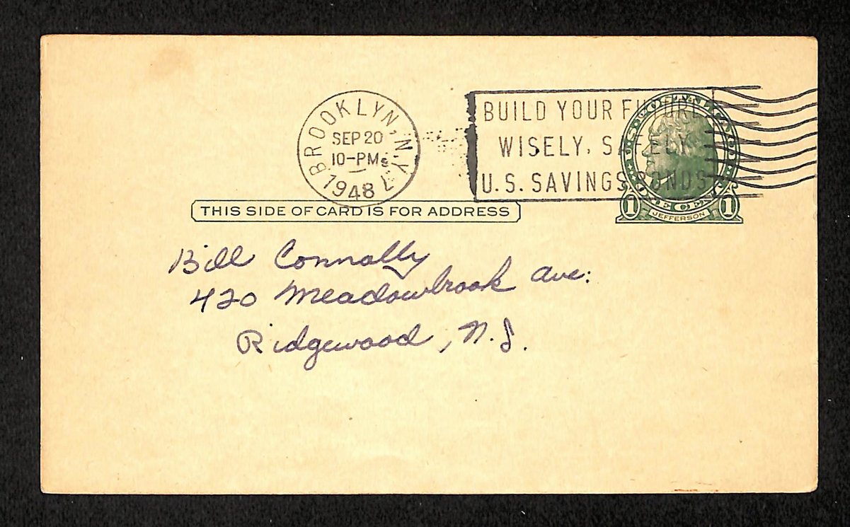 Rex Barney Signed/Inscribed 3.5x5.5 GPC 1948 Postcard Brooklyn Dodgers 204219