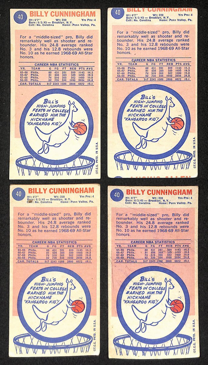 Lot of (4) 1969-70 TOPPS Basketball RC Card #40 Billy Cunningham HOF 204523
