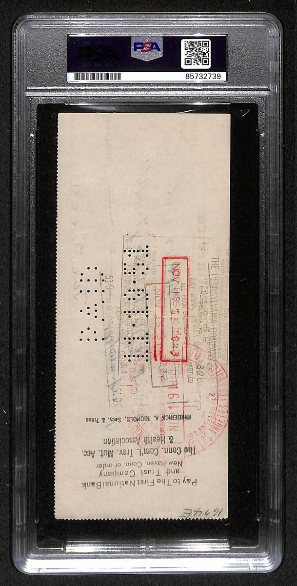 Smokey Joe Wood HOF Signed/Auto 1951 Bank Check Boston Red Sox PSA/DNA 204501