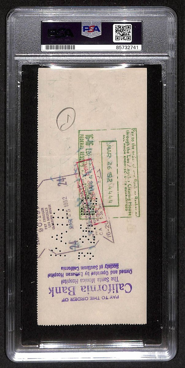 Smokey Joe Wood HOF Signed/Auto 1952 Bank Check Boston Red Sox PSA/DNA 204503