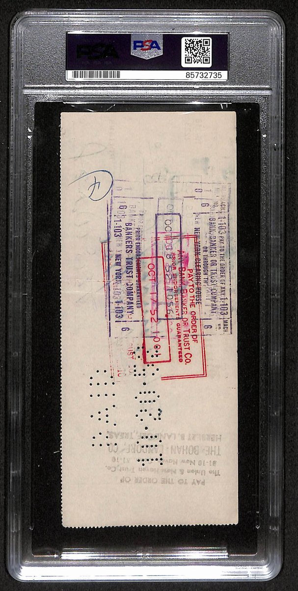 Smokey Joe Wood HOF Signed/Auto 1952 Bank Check Boston Red Sox PSA/DNA 204507