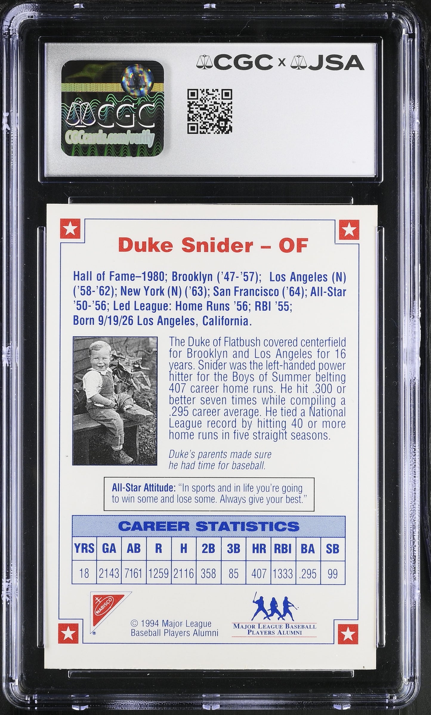 Duke Snider 1994 Nabisco All-Star Legends Signed Card HOF CGC x JSA BA206385