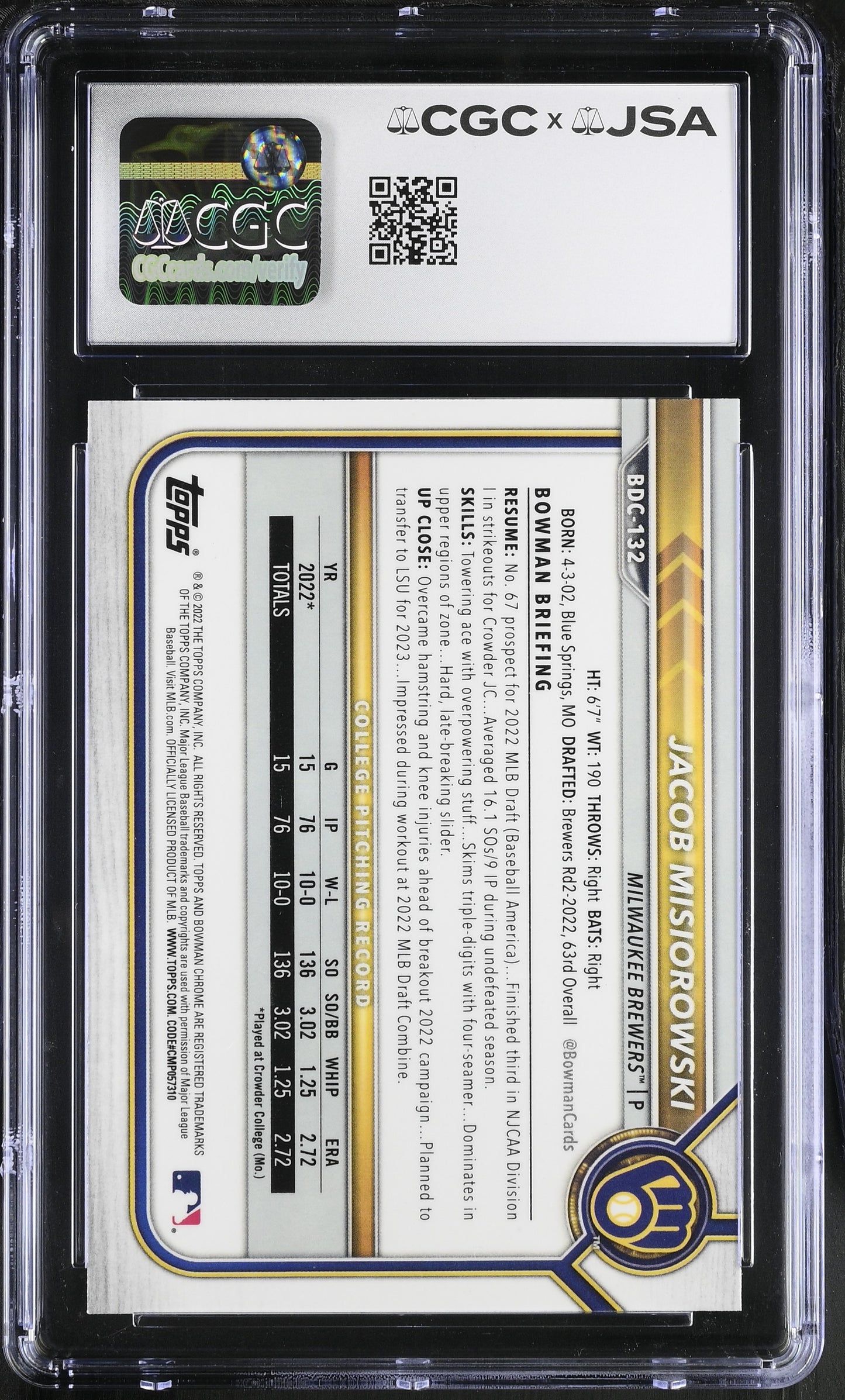 Jacob Misiorowski 2022 Bowman Draft Chrome Signed Card CGC x JSA 10 BA206389