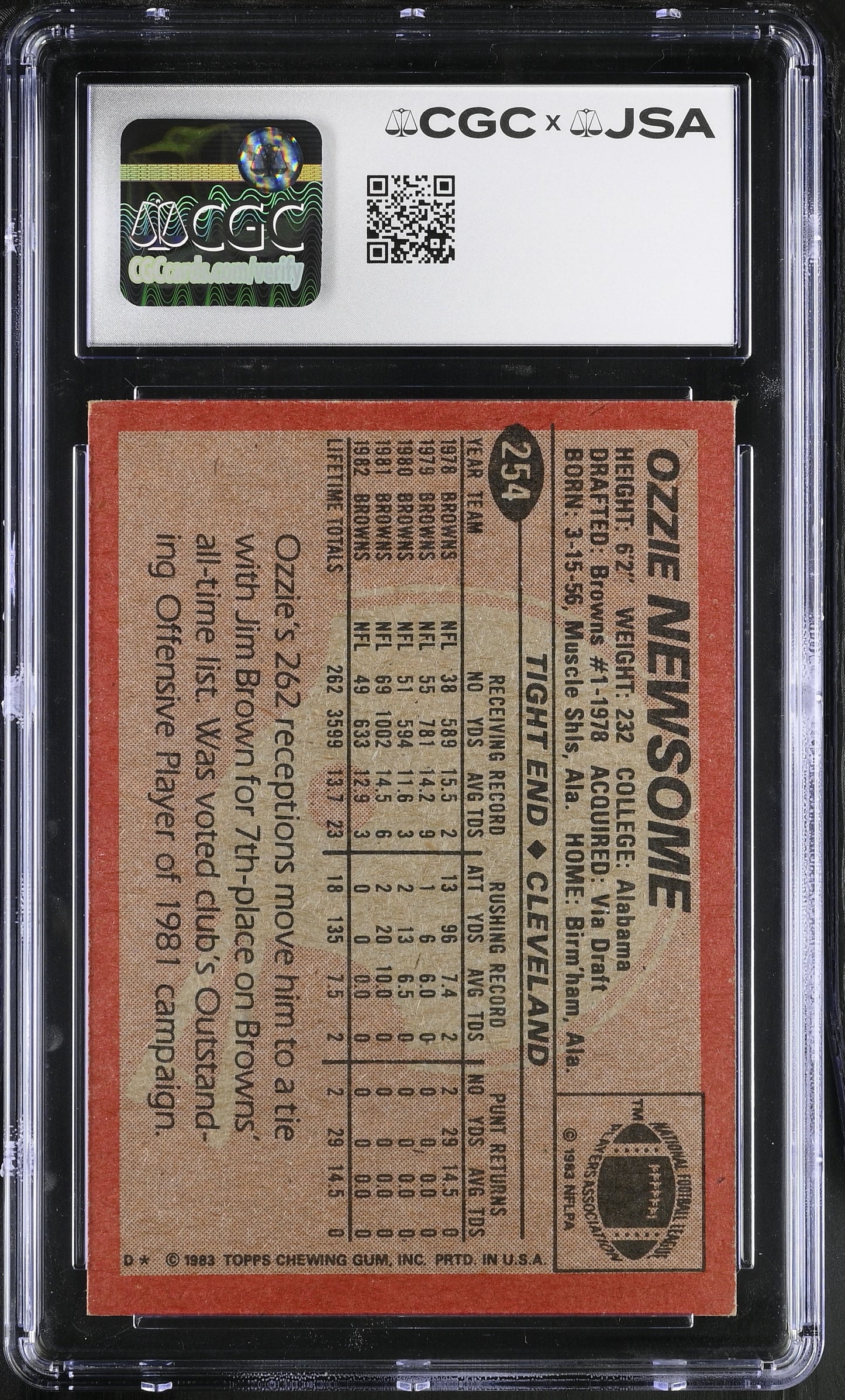 Ozzie Newsome 1983 Topps Signed/Autographed Card #254 HOF CGC x JSA BA206402