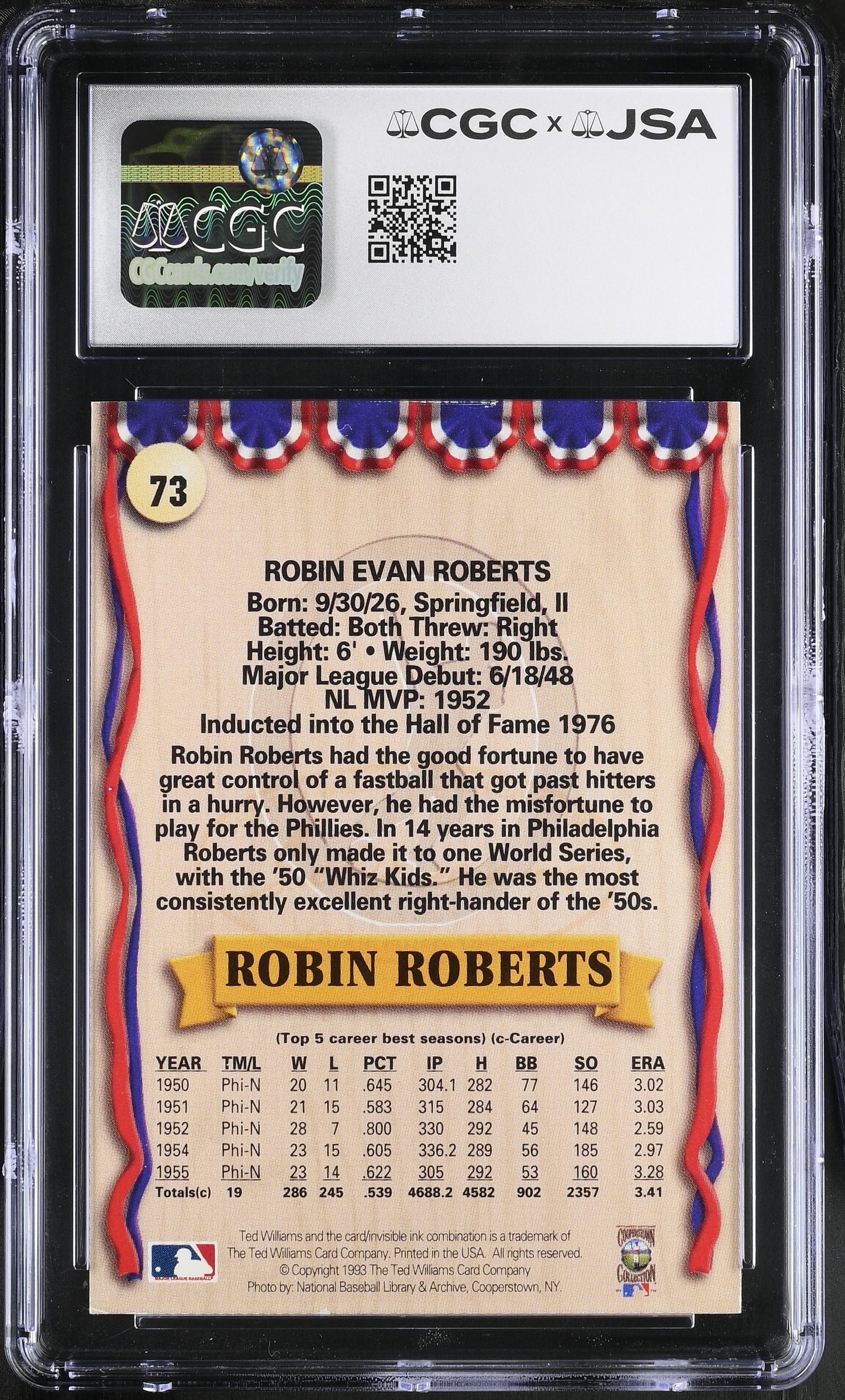 Robin Roberts 1993 Ted Williams Co. Signed/Auto Card #73 HOF CGC x JSA BA206407