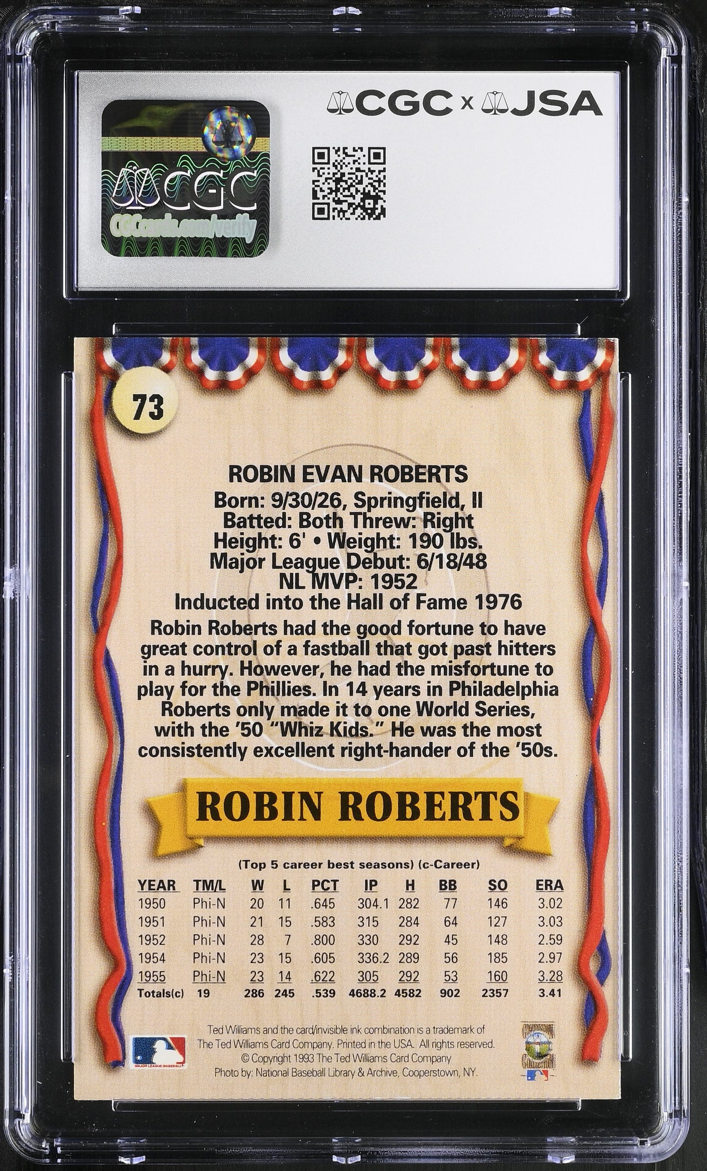 Robin Roberts 1993 Ted Williams Signed/Auto Card #73 HOF CGC x JSA 10 BA206408