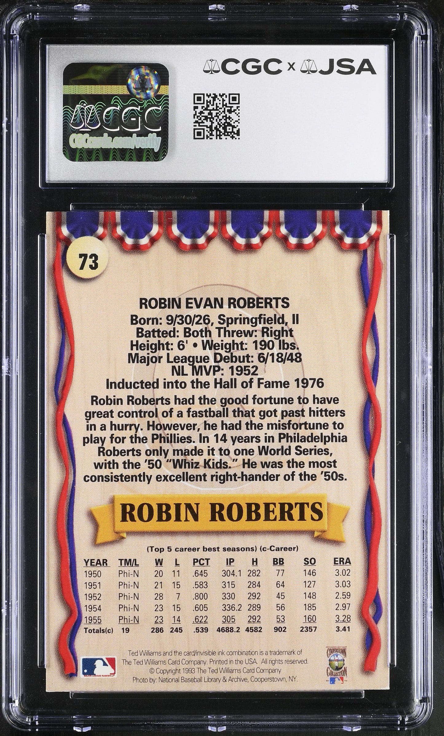 Robin Roberts 1993 Ted Williams Co. Signed/Auto Card #73 HOF CGC x JSA BA206409