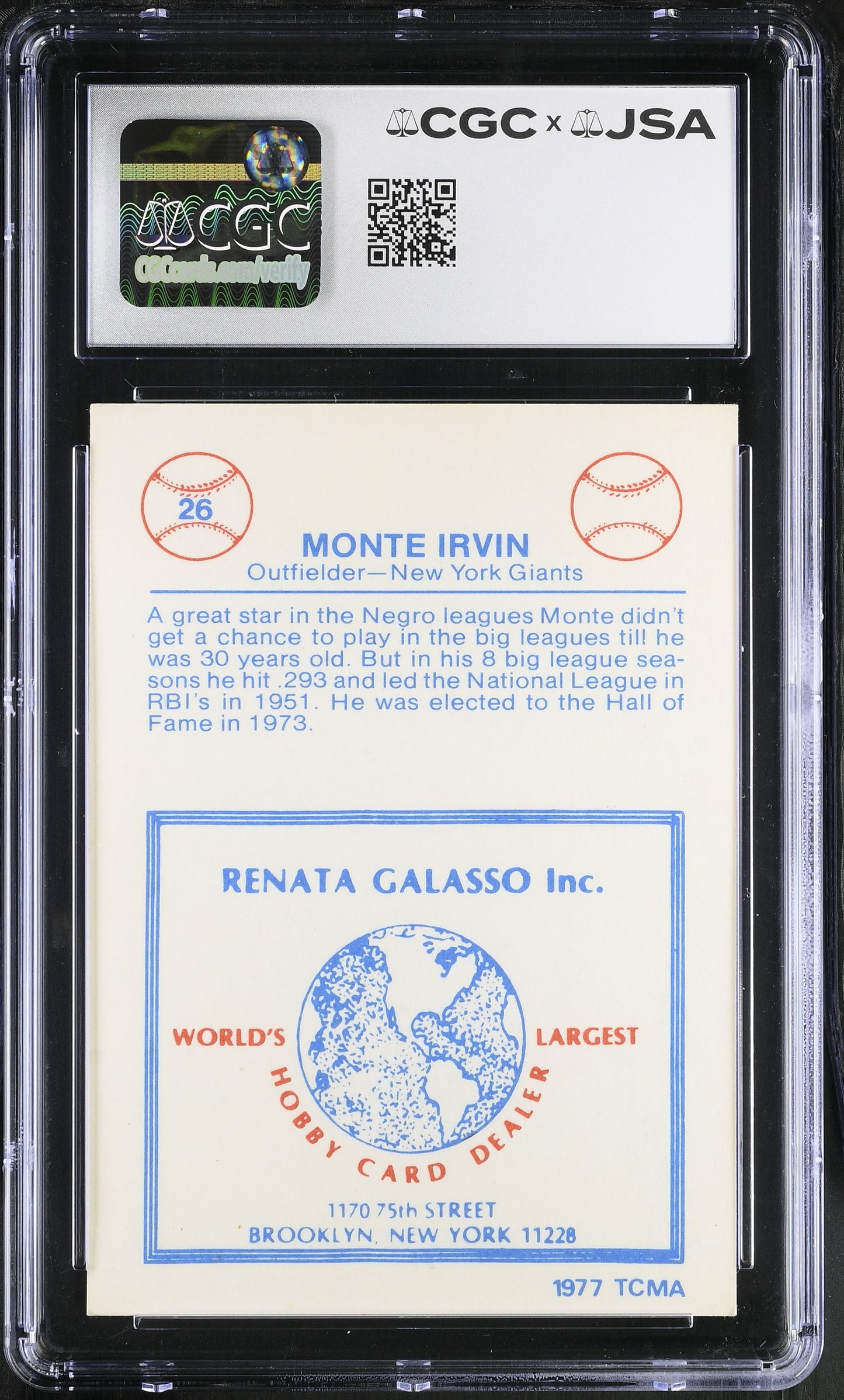 Monte Irvin 1977-84 Galasso Signed/Autographed Card #38 HOF CGC x JSA BA206414