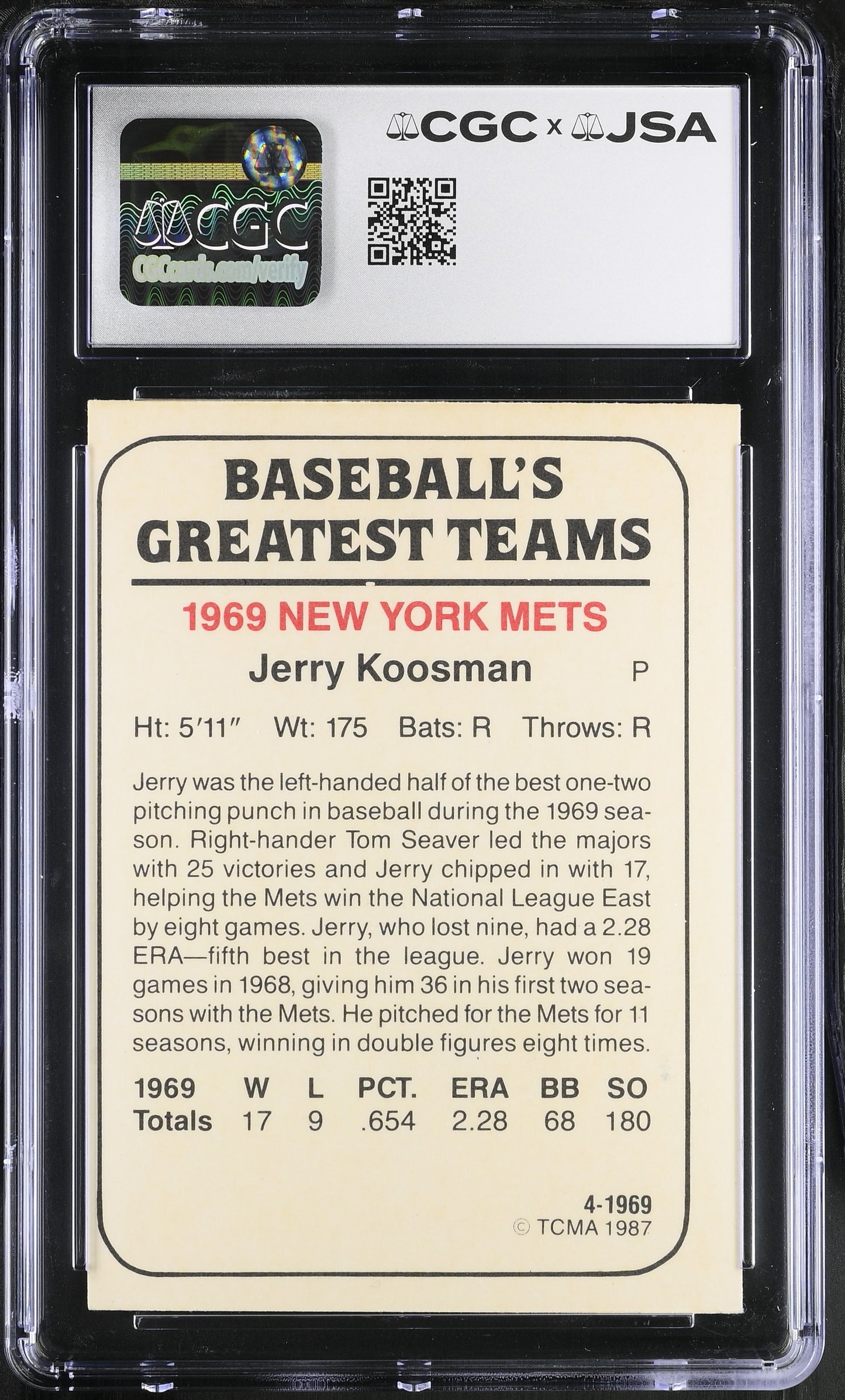 Jerry Koosman 1987 TCMA Signed/Autographed Card #4 CGC x JSA Mets BA206415