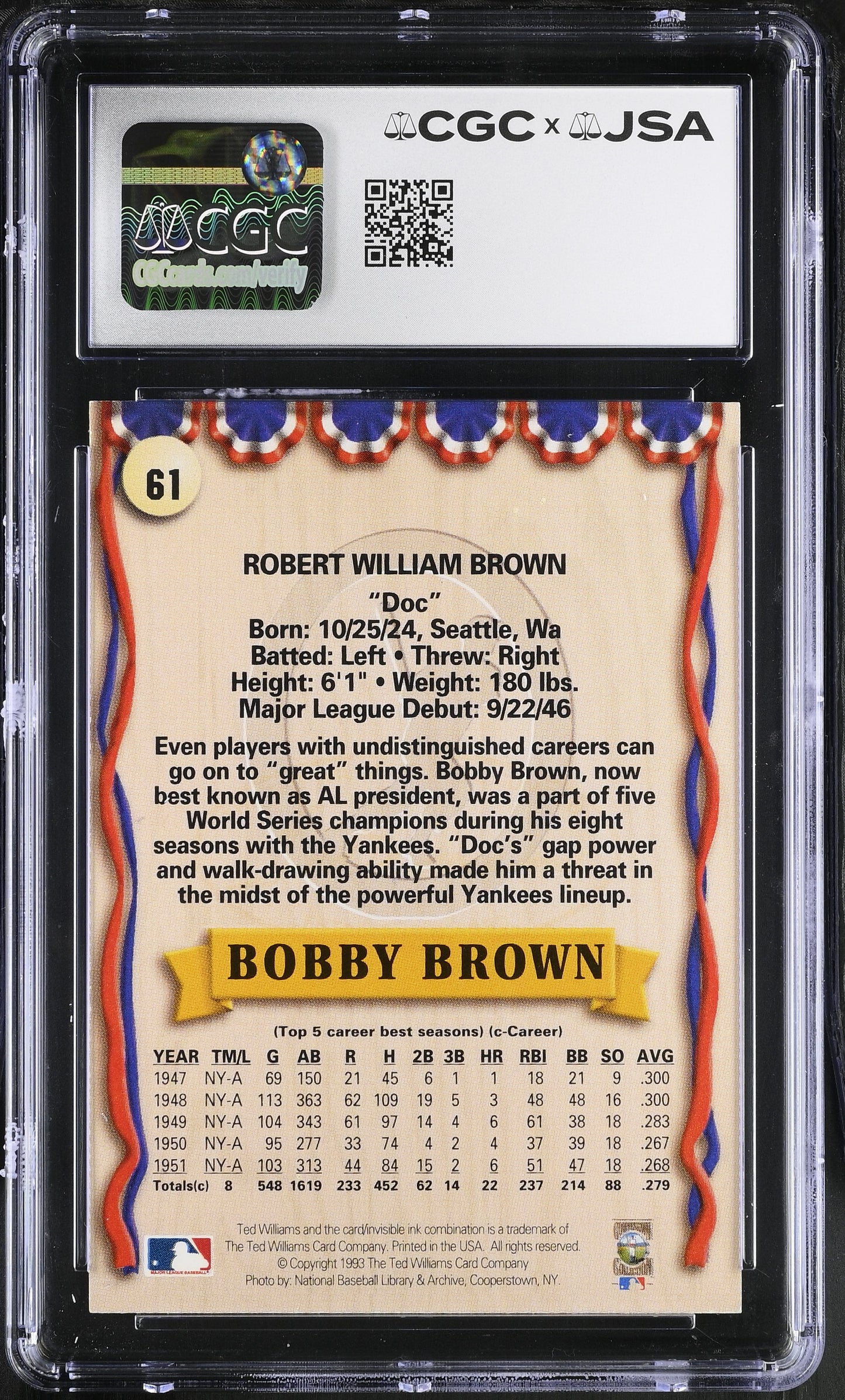 Bobby Brown 1993 Ted Williams Co. Signed/Autographed Card #61 CGC x JSA BA206421