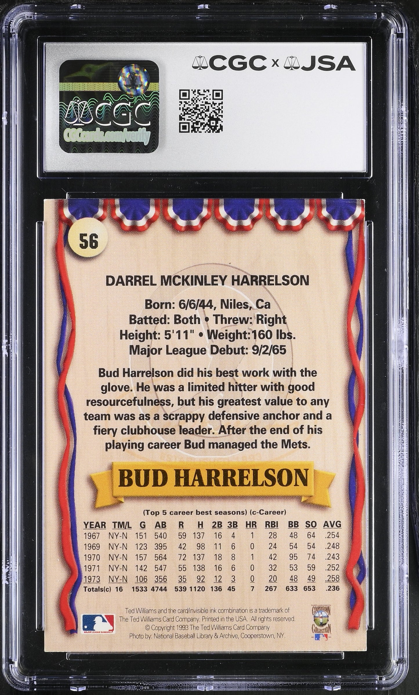 Bud Harrelson 1993 Ted Williams Signed/Autographed Card #56 CGC x JSA BA206423