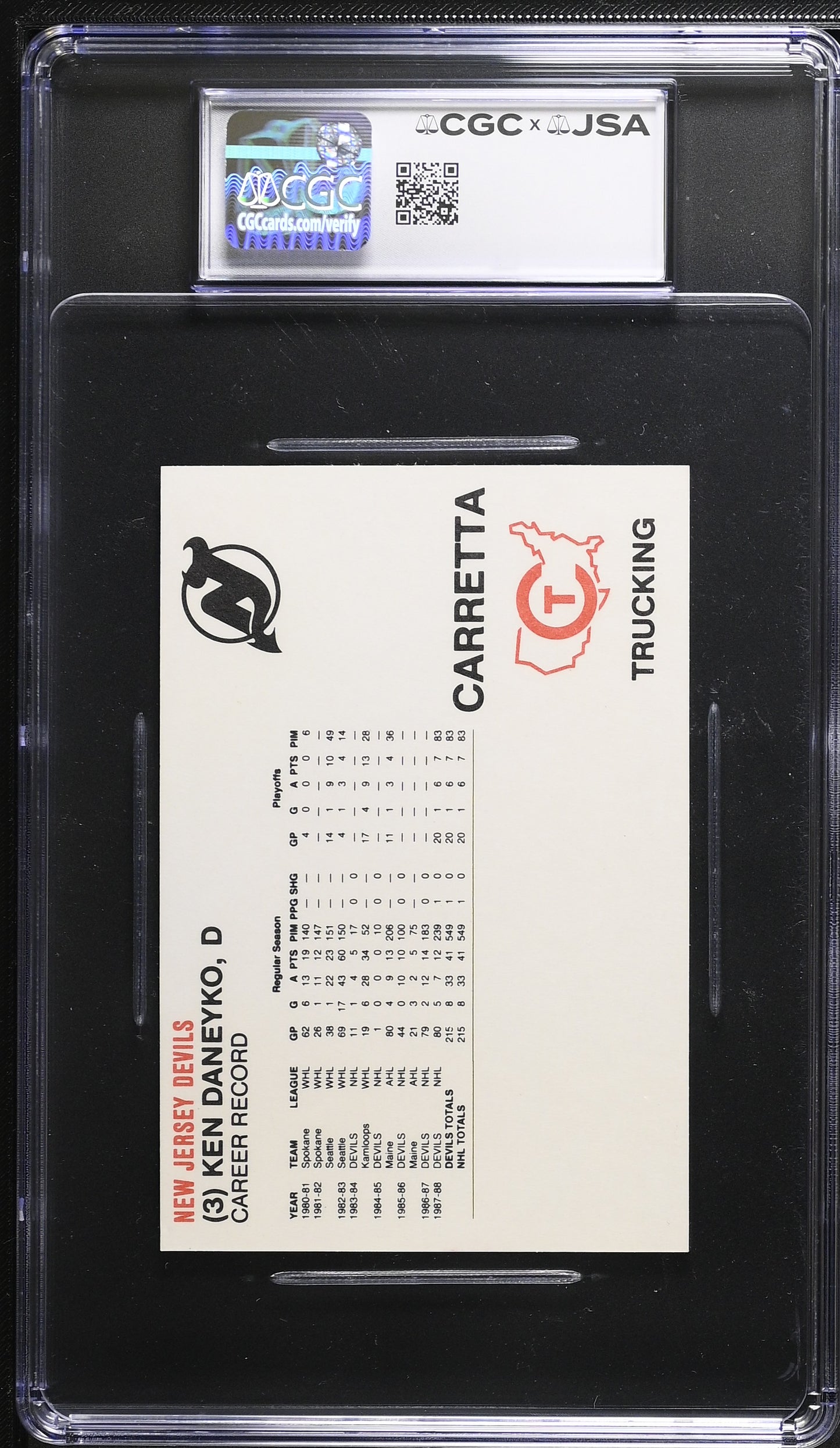 Ken Daneyko 1988-89 Carretta Signed/Autographed Card CGC x JSA 10 BA206435