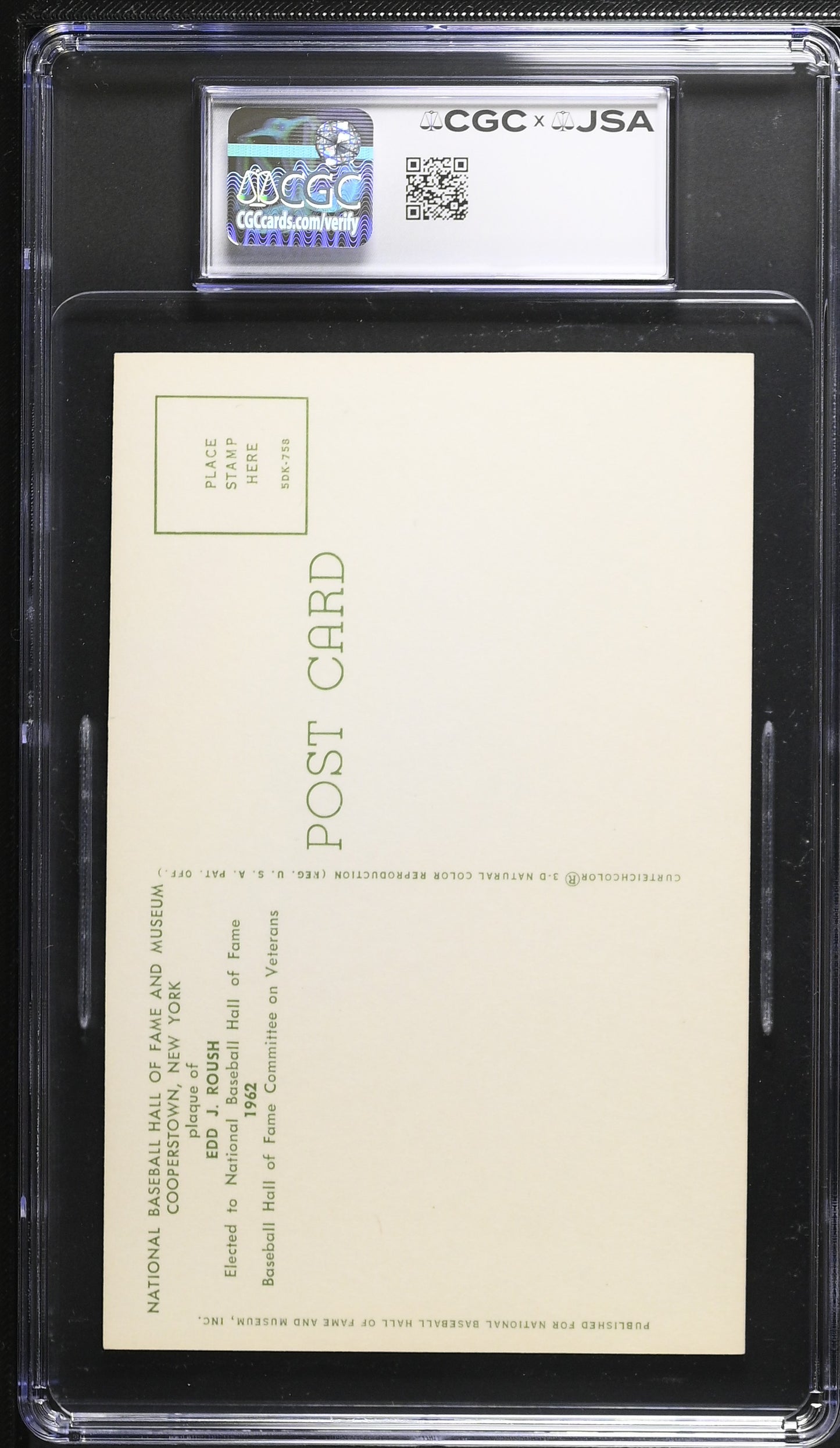 Edd Roush Signed/Auto Gold HOF Plaque Postcard CGC x JSA Reds BA206469