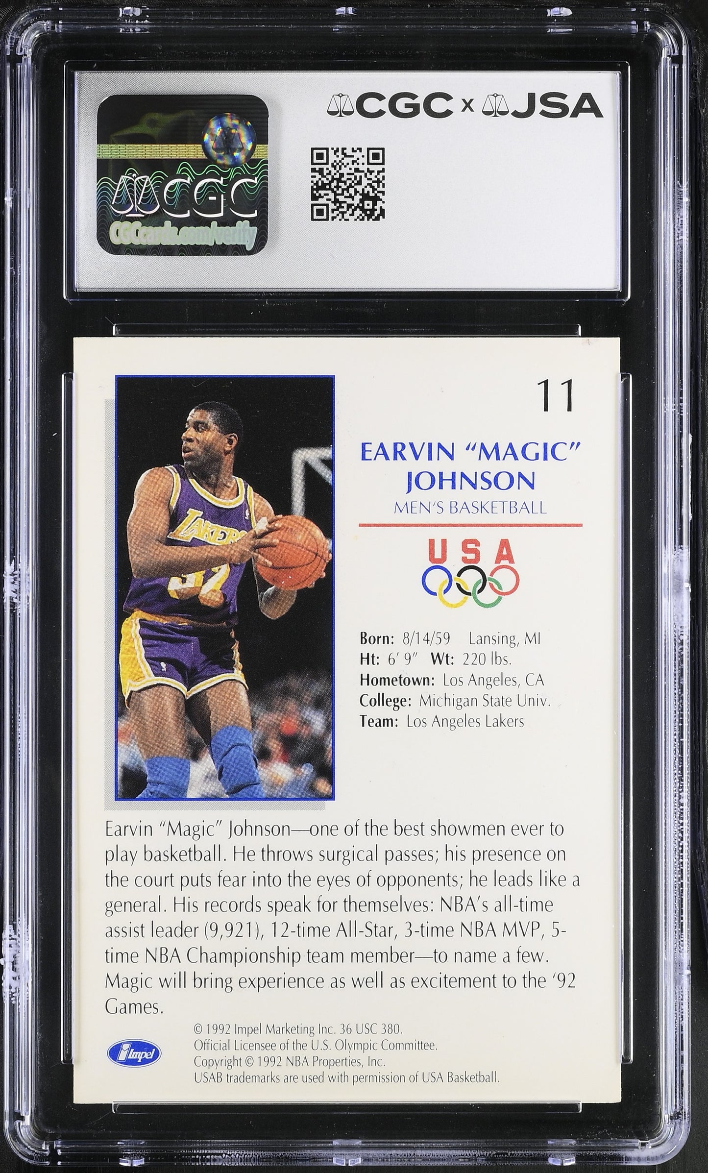 Magic Johnson 1992 Impel Signed USA Olympic Card #11 CGC x JSA 10 BA206482