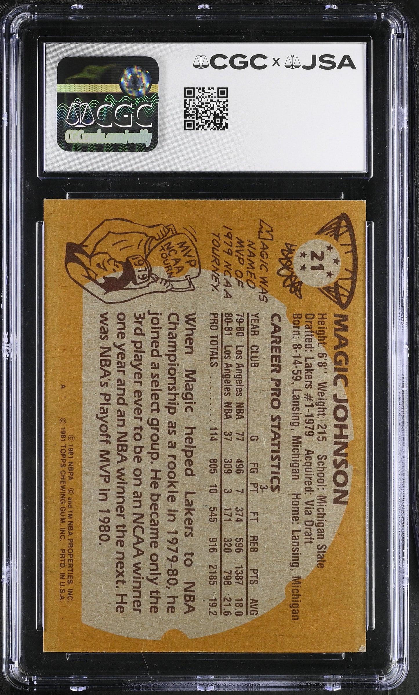 Magic Johnson 1981-82 Topps Signed/Autographed Card #21 CGC x JSA BA206487