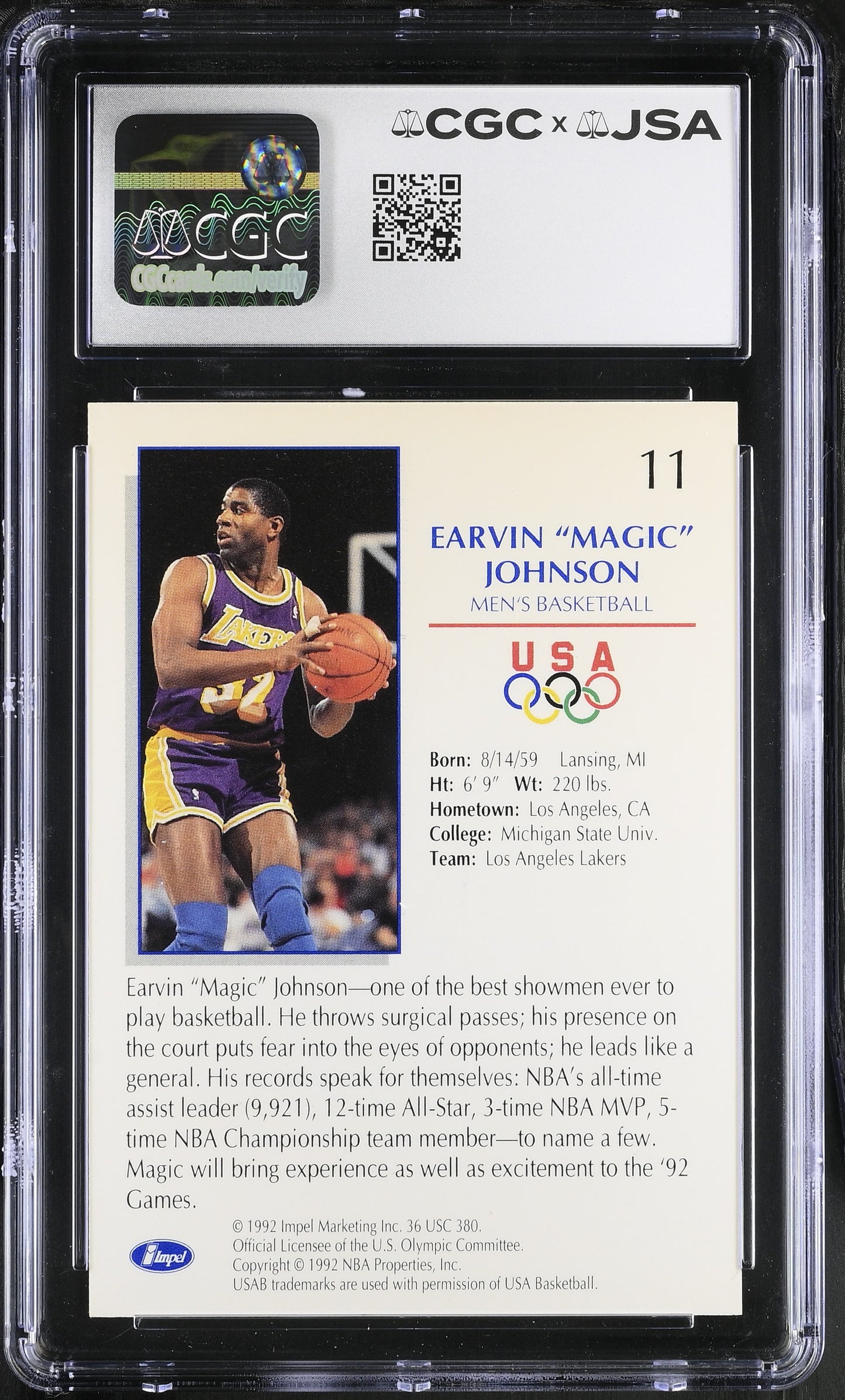 Magic Johnson 1992 Impel Signed USA Olympic Card #11 CGC x JSA BA206509