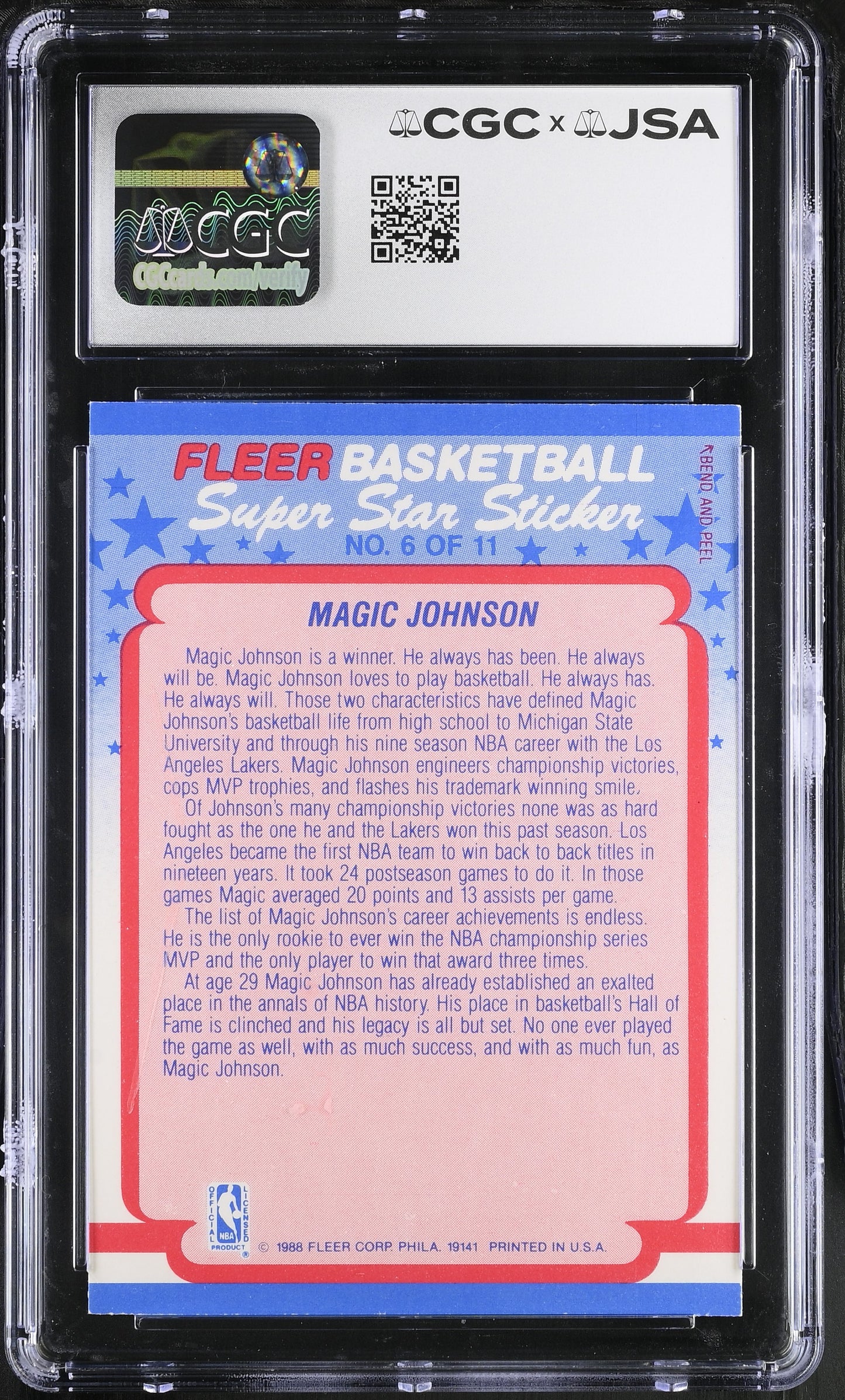 Magic Johnson 1988-89 Fleer Stickers Signed/Auto Card #6 CGC x JSA BA206511