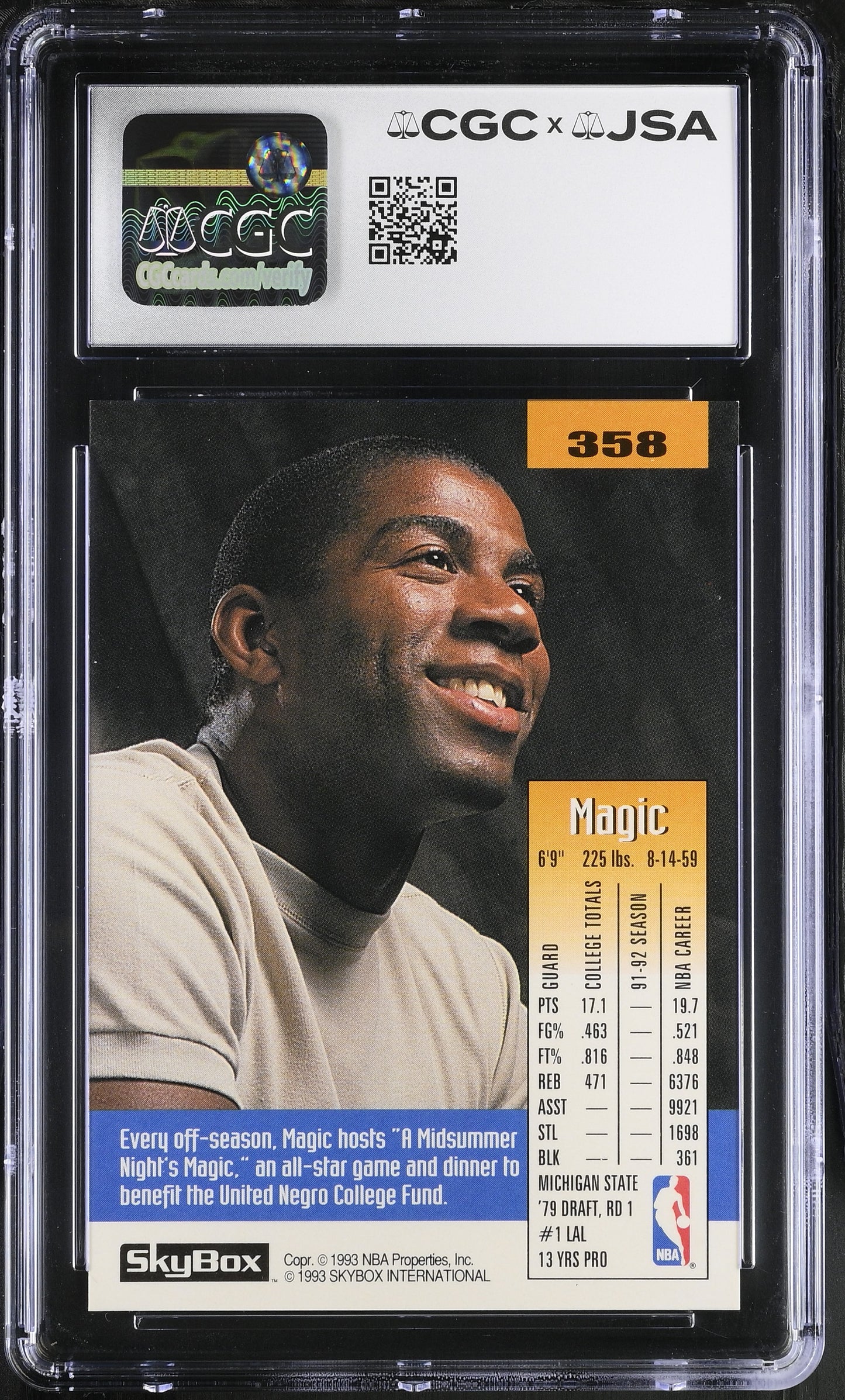 Magic Johnson 1992-93 Skybox Signed/Autographed Card #358 CGC x JSA BA206519