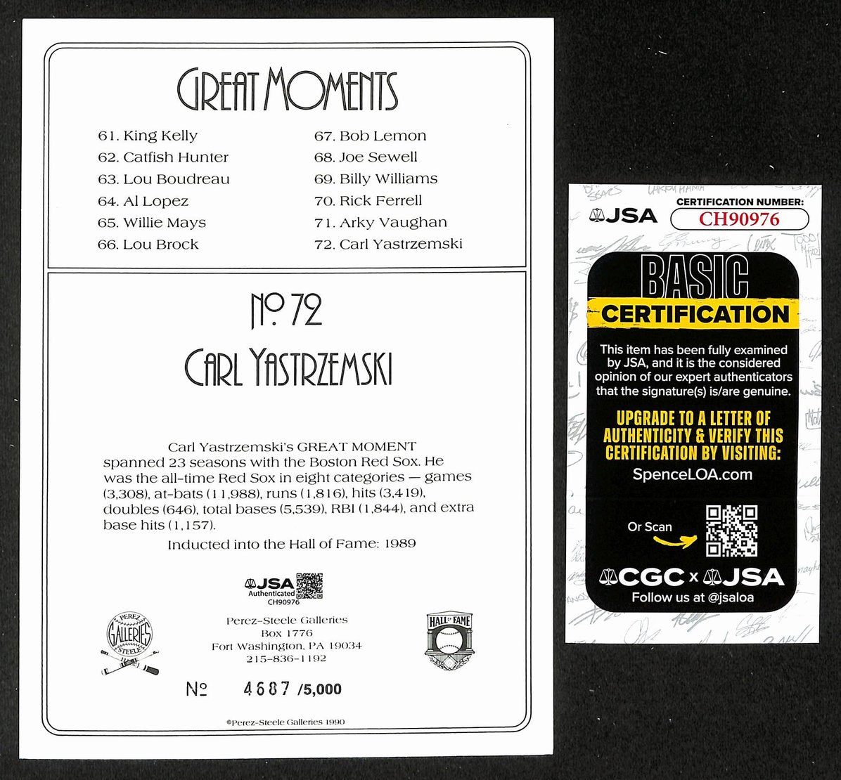 Carl Yastrzemski HOF Signed/Auto 1990 Perez Steele Great Moments #72 Card JSA