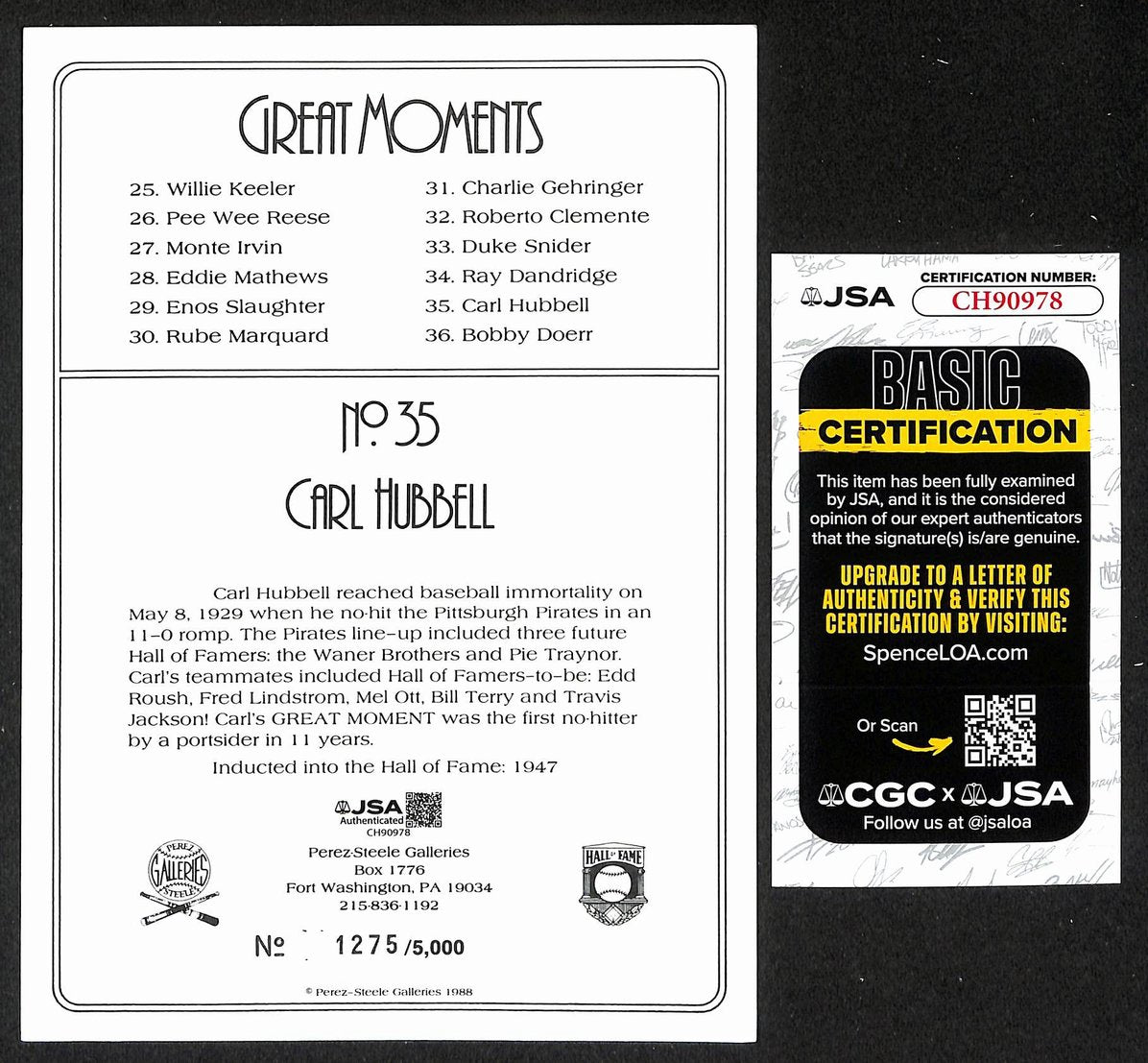 Carl Hubbell HOF Signed/Auto 1988 Perez Steele Great Moments #35 Card JSA 205872
