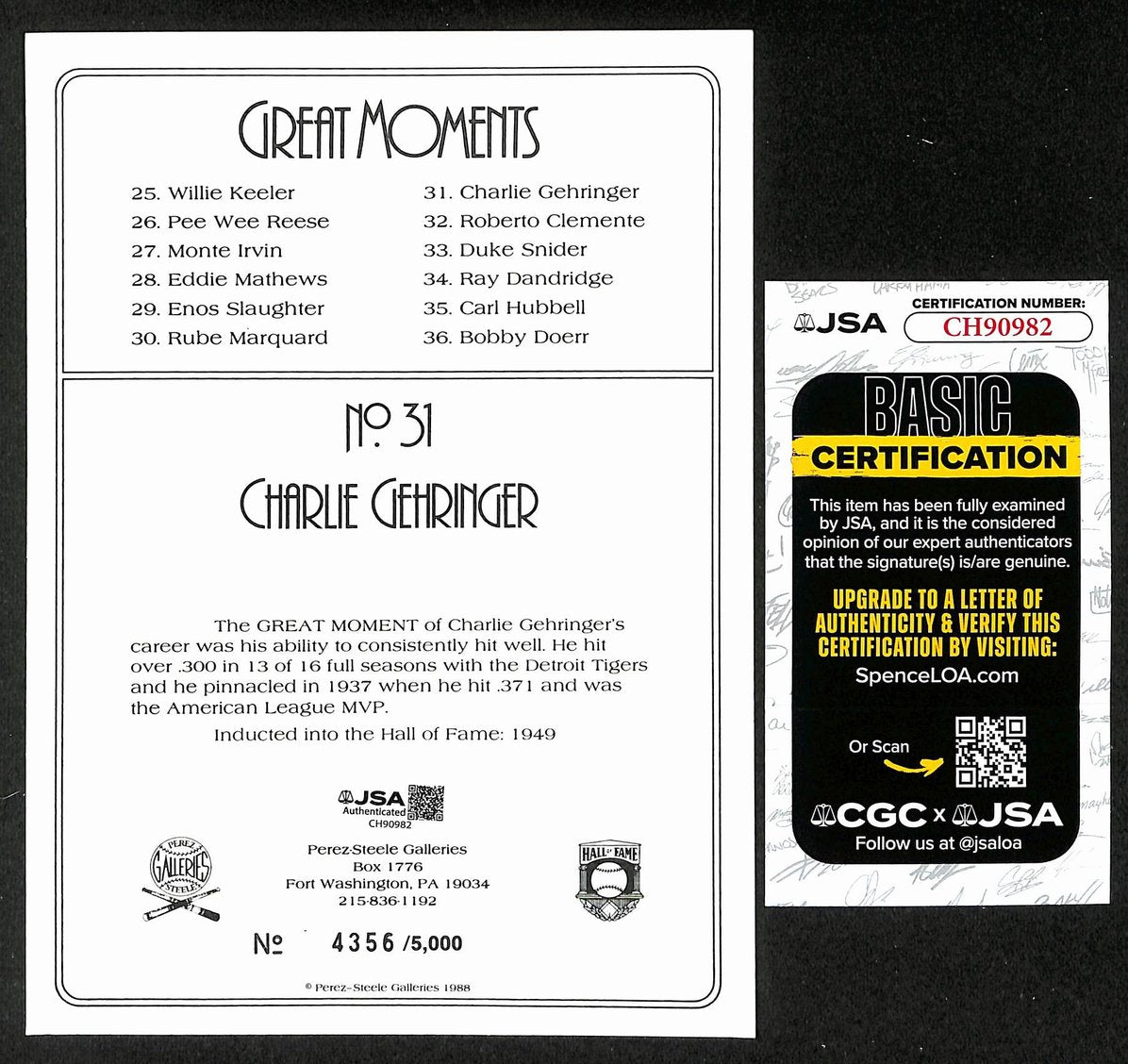 Charlie Gehringer HOF Signed/Auto 1988 Perez Steele Great Moments #31 Card JSA