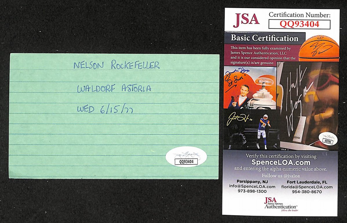 Nelson Rockefeller Signed/Autographed 3x5 Index Card Vice President JSA BA205581