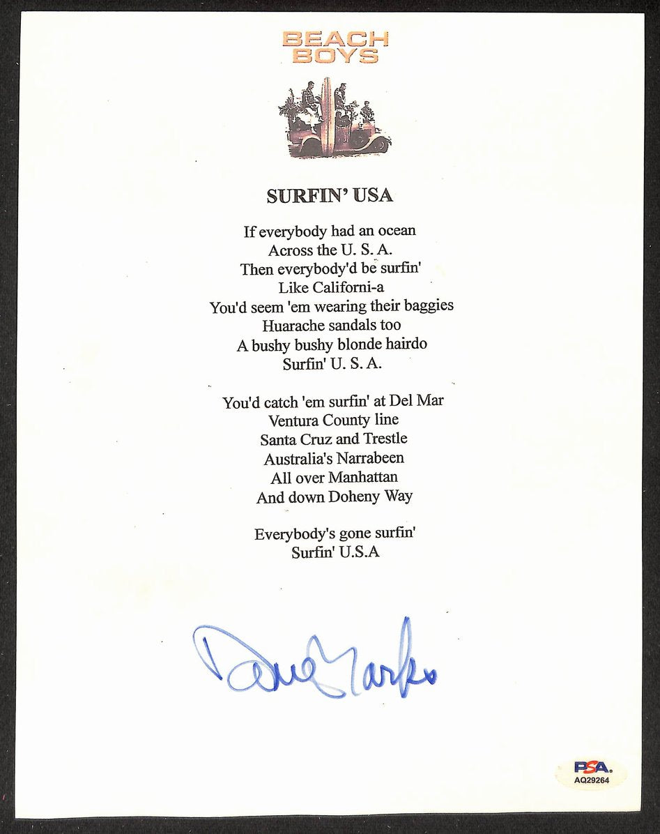 Dave Marks Beach Boys Signed 8.5x11 Lyrics Sheet "Surfin USA" PSA/DNA 205925