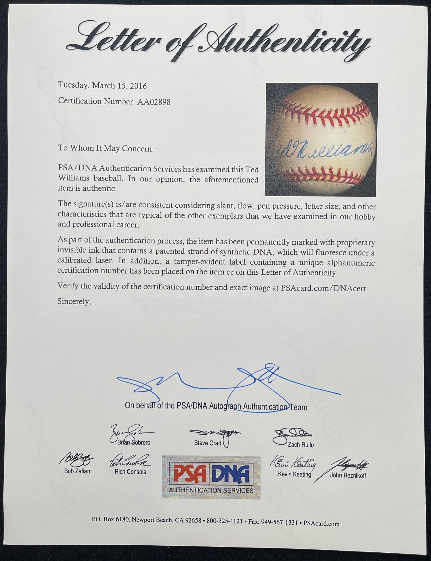 Ted Williams HOF Single Signed/Auto OAL/Brown Baseball Red Sox PSA/DNA 205883