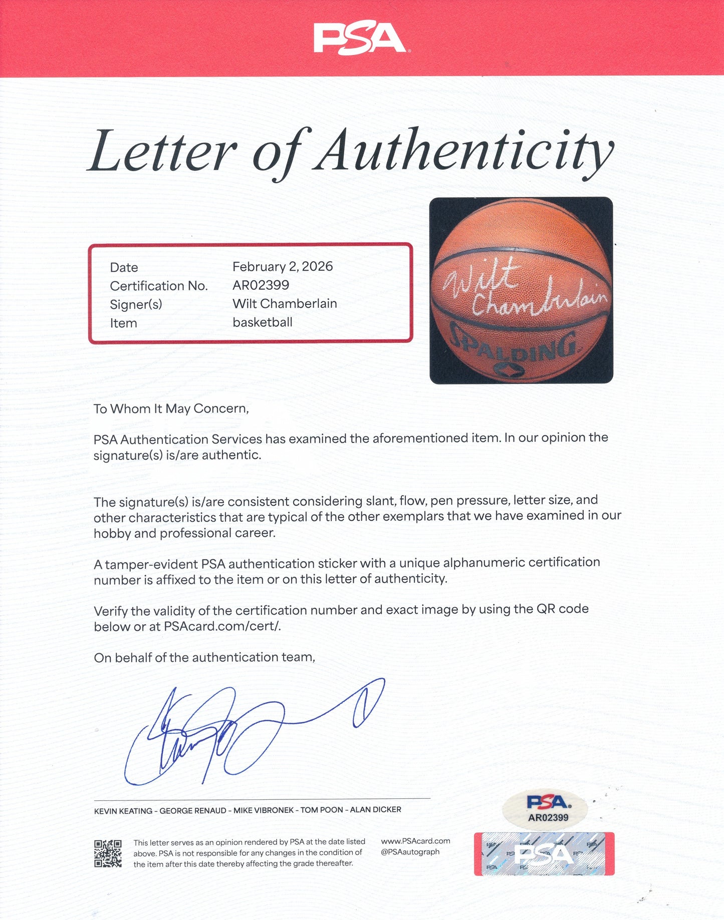 Wilt Chamberlain HOF Signed/Auto Spalding NBA Full Size Basketball PSA/DNA